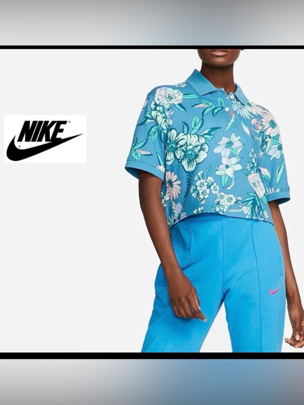 NWT $75 NIKE Women XXL Floral Printed Polo Shirt DRI-FIT Top Loose Fit in BLUE